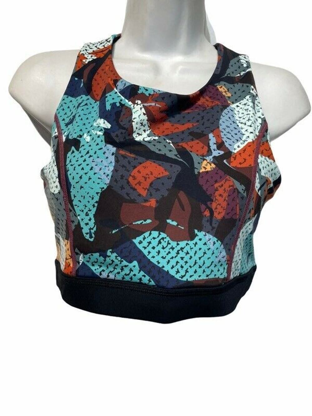 Mono B Women Sports Bra Blue Red Abstract Stretch Cross Back Cut Out Size L